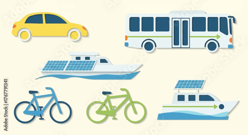 Collection of eco-friendly transportation vehicles including cars buses and boats.
