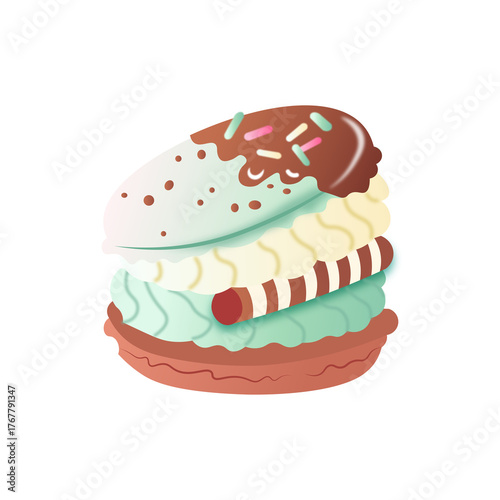 Mint Chocolate Macaron Vector | Cute Kawaii Dessert Clipart, Sweet French Cookie Illustration with Cream and Chocolate Drizzle
