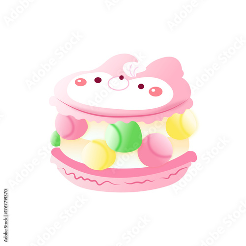 Bunny Candy Macaron Vector | Cute Kawaii Dessert Clipart with Colorful Candies and Pastel Cream, Adorable Rabbit Cookie Illustration

