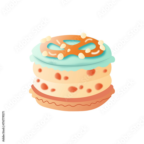 Pretzel Macaron Vector | Cute Kawaii Dessert Clipart, Sweet French Cookie Illustration with Caramel and Crunch Topping
