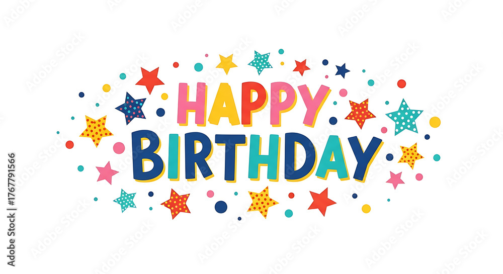 Fototapeta premium Happy birthday greeting with colorful stars isolated on white background