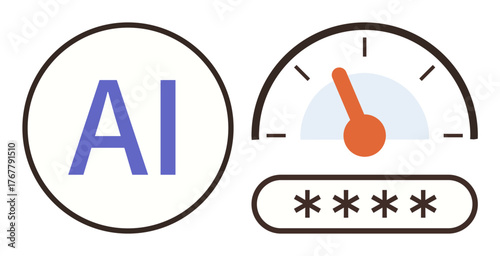 AI text and speedometer with needle over password display presenting technology progress and security. Ideal for artificial intelligence, innovation, tech optimization, cybersecurity, data