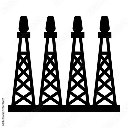 Oil field drilling rig towers vector illustration for petroleum industry and energy production design, black