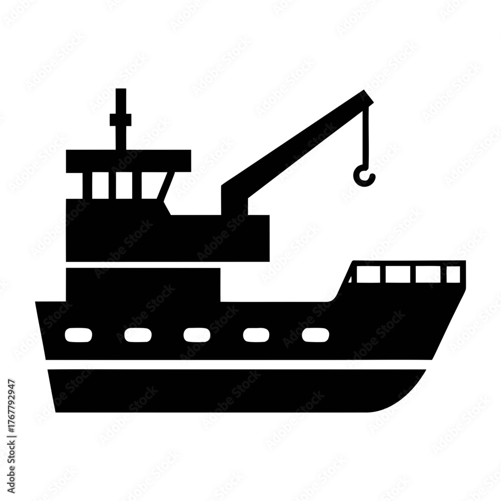 Obraz premium Illustration of a commercial fishing vessel boat with crane for maritime industry vector design