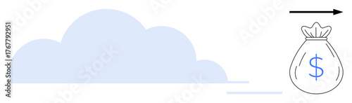 Cloud and money bag with arrow represent cloud computing and monetary exchange. Ideal for finance, innovation, business growth, cloud technology, economy, profitability, digital transformation