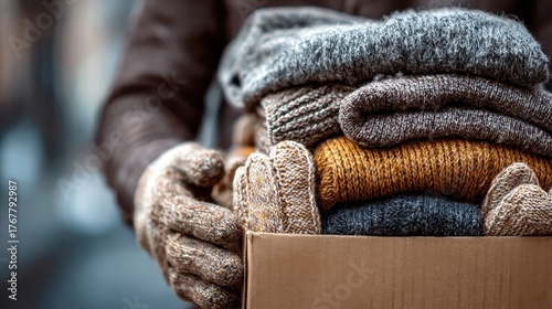 Warm knit hats, scarves and gloves in cardboard box held by gloved hands. Perfect for illustrating charity, winter warmth, and helping the less fortunate.