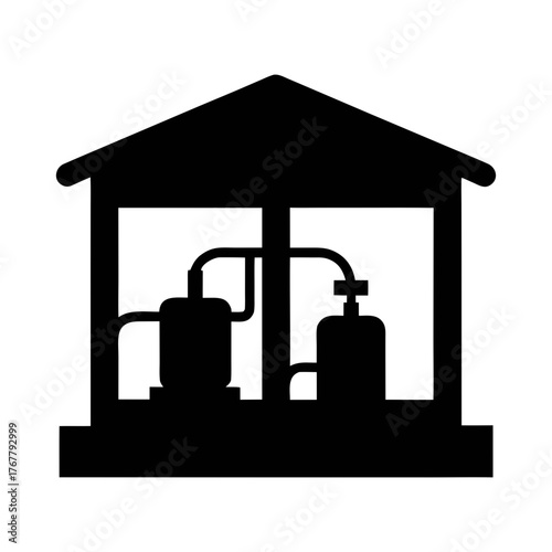 Illustration of industrial chemical processing plant equipment inside a building structure design