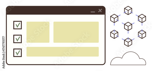 Browser window with completed checklist, cloud icon, and interconnected cubes for blockchain. Ideal for data management, cloud computing, task tracking, blockchain, organization, technology simple