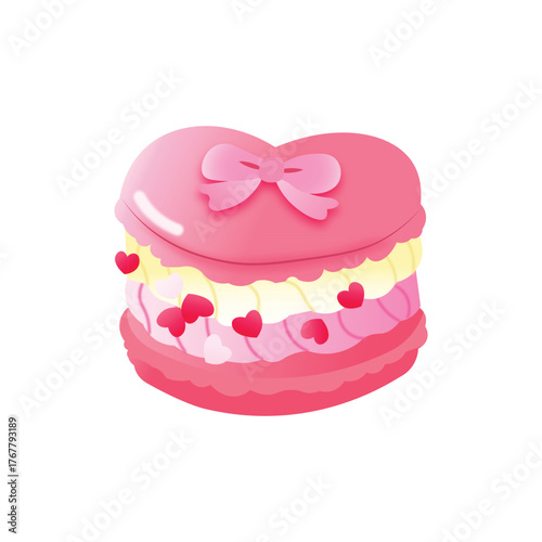 Pink Macaron Vector | Cute Kawaii Dessert Clipart with Bow and Cherry Filling, Pastel French Sweet Illustration
