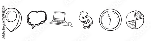 Hand drawn marketing icon doodle. Hand drawn doodle business, money icon set. Finance, money, marketing sketch drawn cute trendy line doodle icon. Business bank, finance calculator, economic goal elem