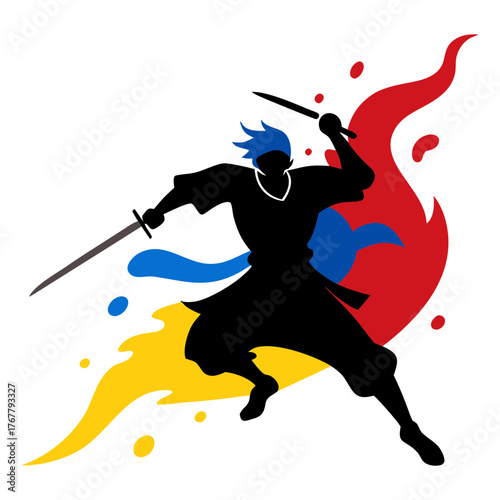 Vector art illustration of warrior on red blue yellow colors