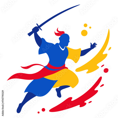 Vector art illustration of warrior on red blue yellow colors