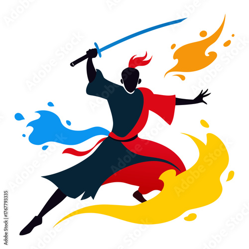 Vector art illustration of warrior on red blue yellow colors