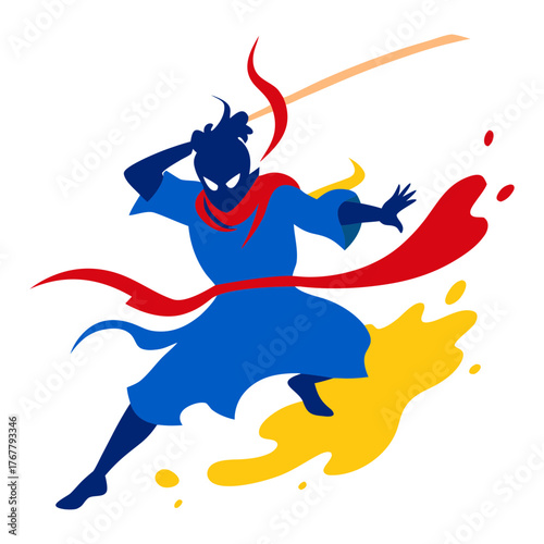 Vector art illustration of warrior on red blue yellow colors