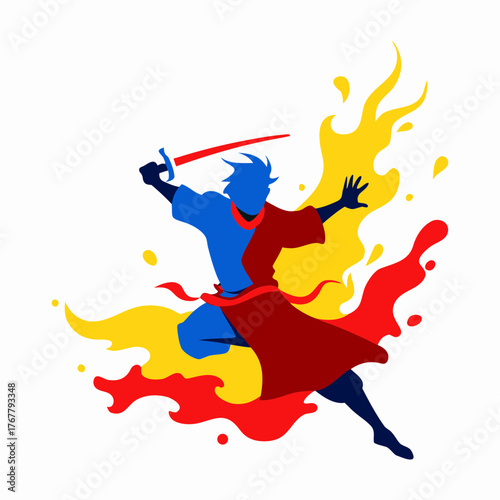Vector art illustration of warrior on red blue yellow colors