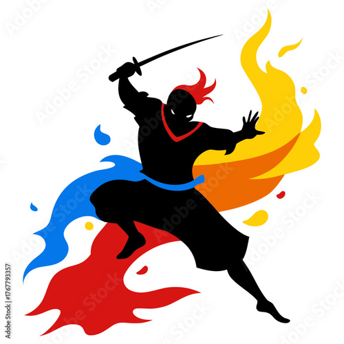 Vector art illustration of warrior on red blue yellow colors
