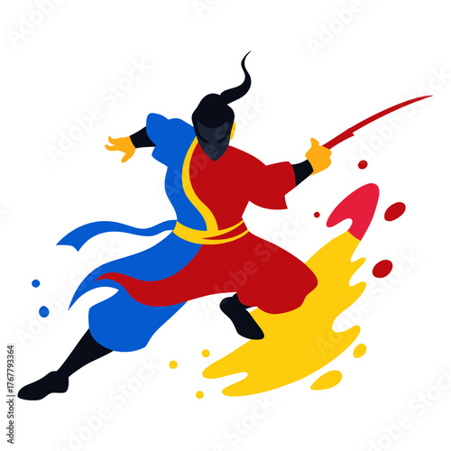 Vector art illustration of warrior on red blue yellow colors