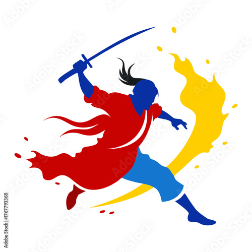Vector art illustration of warrior on red blue yellow colors