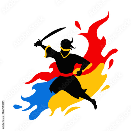Vector art illustration of warrior on red blue yellow colors