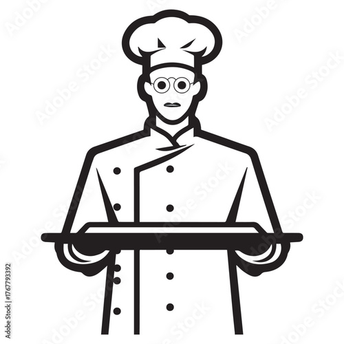 Professional chef wearing a tall white toque and chef s uniform holding a baking tray with a neutral expression