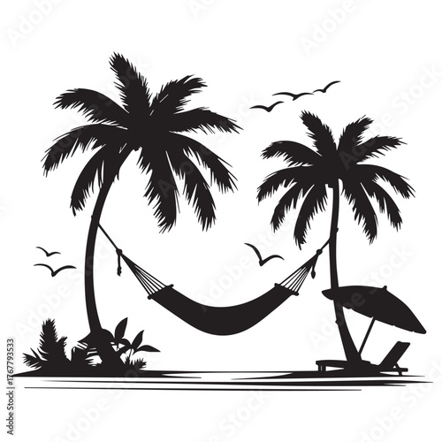 Serene tropical silhouette of two palm trees with a hammock and beach umbrella on a white background