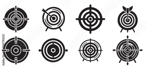 A collection of black target and cross hair icons in various styles, including human silhouette, apple, and numbered shooting targets. Vector illustration