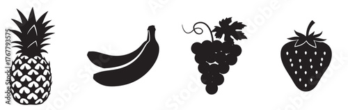 Fruit silhouette icons set – crisp, simple and elegant design for app and web use. Black silhouettes of various fresh fruits on white background, vector illustration.