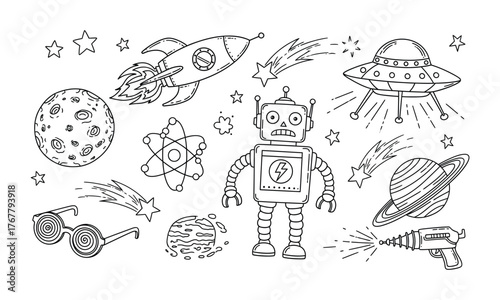Black and white doodle illustration of space and sci-fi icons with rocket, robot, flying saucer, planet, ray gun, and stars