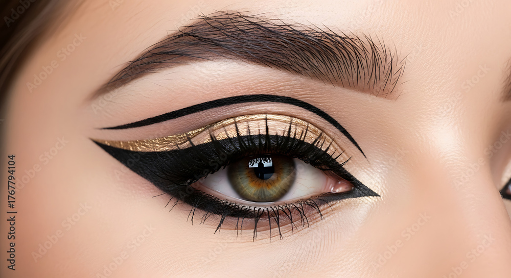Naklejka premium Glamorous Gold and Black Eyeliner: Close-up of a Woman's Eye with Intricate Artistic Makeup and a Shimmering Green Iris