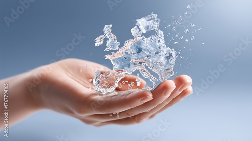Hand holding splash of water shaped like Europe symbol of environmental connection