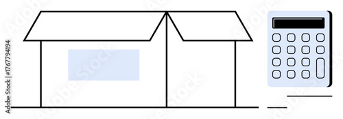Open box with flaps raised and calculator suggesting storage, pricing, logistics, inventory, finances, and data. Ideal for e-commerce, delivery, packaging budgeting retail accounting operations