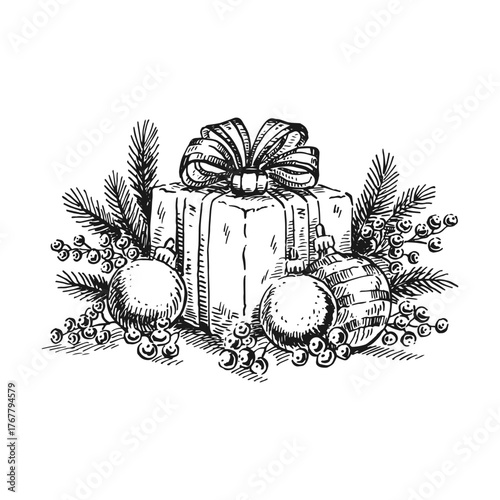 Festive new year vintage engraving with gifts, pine branches, christmas baubles for holiday design