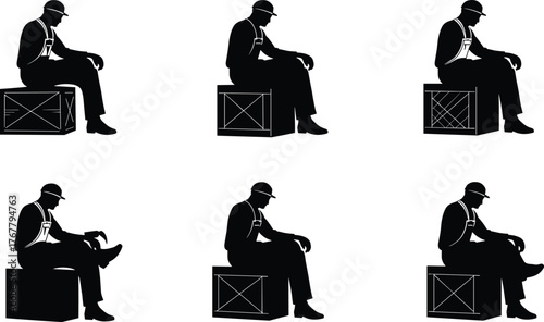 Worker silhouette illustration, crate sitting pose, contemplative gesture, black icon, vector art, resting figure, hat and overalls, minimalist style