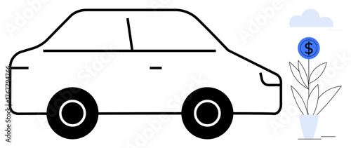 Car beside growing plant with dollar sign representing investments, savings, or green energy. Ideal for finance, sustainability, eco-awareness, investment, automotive, green initiatives simple flat