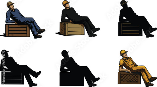 Worker illustration, crate sitting pose, hard hat character, relaxed posture, vector art, black silhouette, occupational style, cartoon design, uniform detail