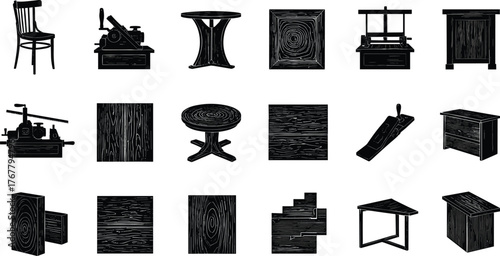 Woodworking, silhouette, furniture, tool, black, white, texture, cabinet, table, chair, lathe, clamp, design, carpentry, minimal, icon, grid, vintage, craft, equipment
