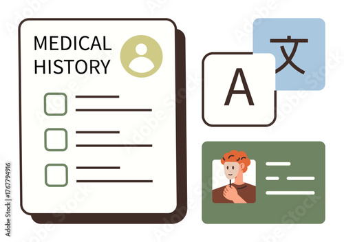 Medical history document, language translation elements, and ID card concept. Ideal for healthcare, multilingual support, patient records, data management, medical translation, personal information