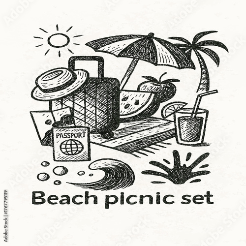 Hand drawn beach toys and summer vacation icons doodle set