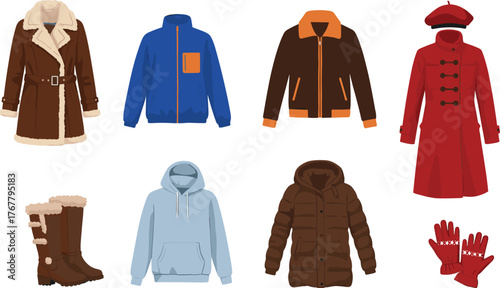 Winter fashion, cozy clothing, shearling coat, bomber jacket, hoodie, puffer, boots, gloves, seasonal style, cold weather outfit, accessories, illustration