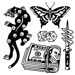 Fototapete Schmetterlinge im Grunge Panther Dolch Vintage Tattoo Flash  © Dani