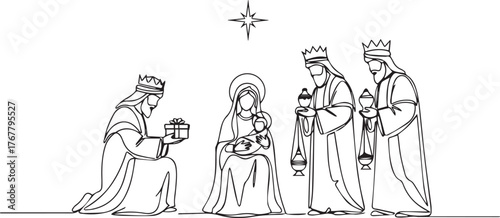 One line art of a Nativity scene with three wise men and baby Jesus for Christmas