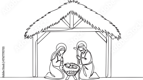 One line art of nativity scene with Mary, Joseph and baby Jesus for Christmas