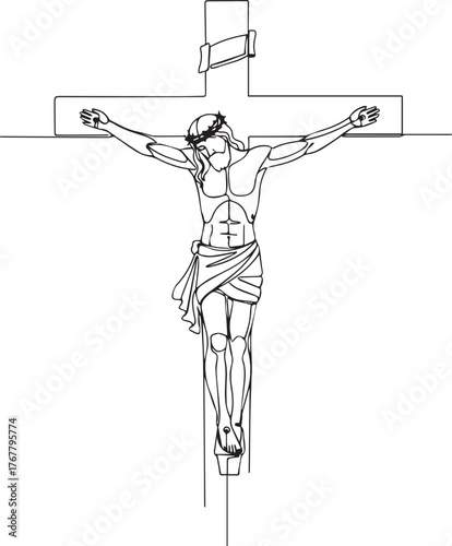Jesus crucifix one-line art — minimalist Good Friday illustration.