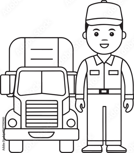 Friendly delivery driver standing next to a classic cargo truck ready for transport and logistics services