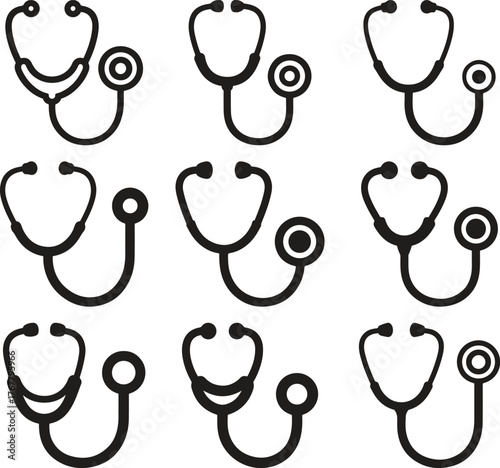 Collection of simple stethoscope icons in black and white