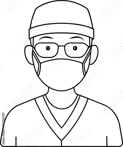 Simple line art portrait of a medical professional wearing a surgical mask and scrub cap glasses
