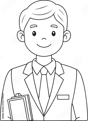 Friendly cartoon man professional wearing suit and tie holding clipboard simple line art drawing