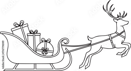 One line art of reindeer pulling a sleigh with Christmas gifts