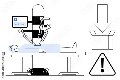 Medical robot performing surgery on patient, accompanied by alert symbols, monitoring screen, box icon, and safety indication. Ideal for technology, healthcare, automation, innovation robotics