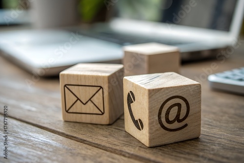 contact us icon email, address, phone, on wood cube, customer service and support for self quarantine business working at home, Telecommuting, Teleworking.